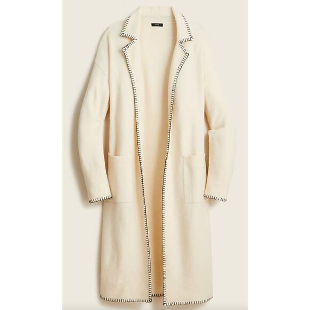 J. Crew Long sweater-coat cream‎ black stitch trim XS/S